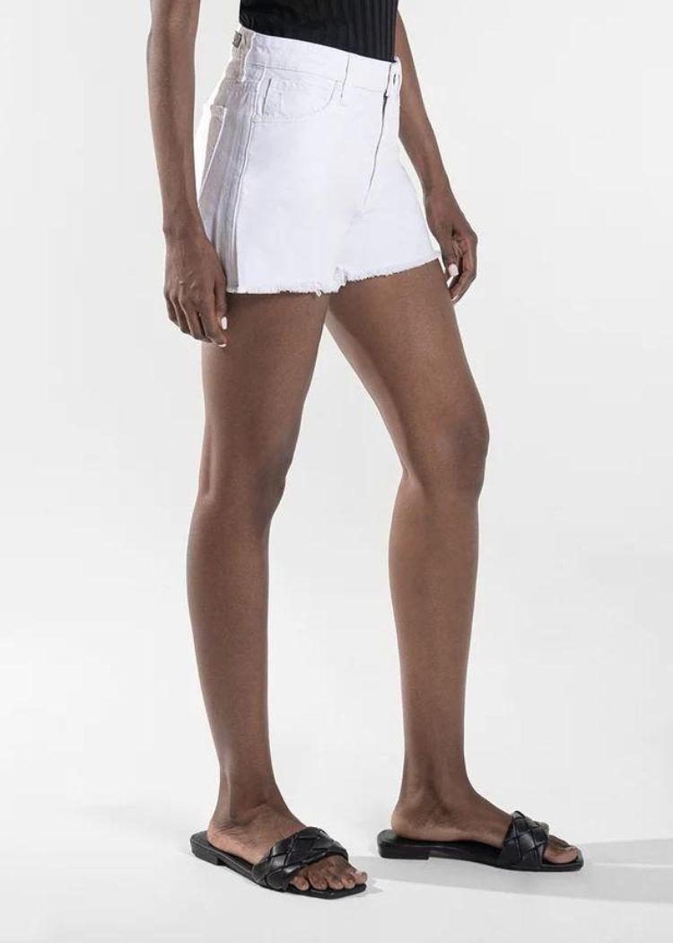 Kut Jane High Rise Shorts Frayed Hem- Optic White-Hand In Pocket