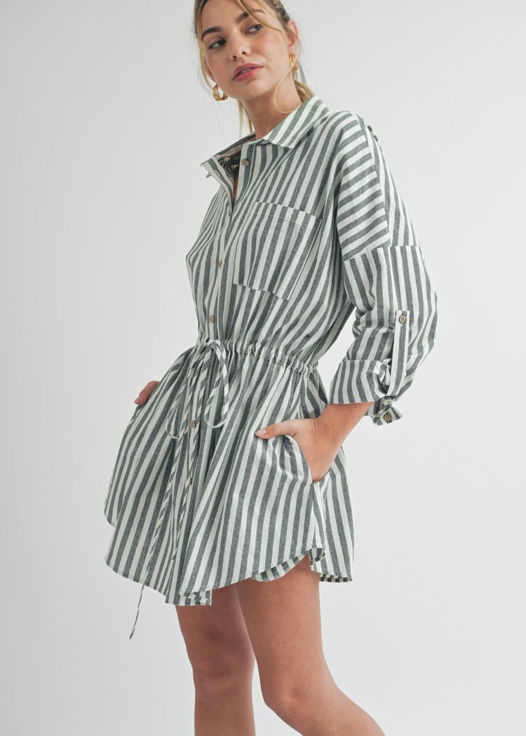 Charlotte Stripe Shirt Dress- Light Olive ***FINAL SALE***-Hand In Pocket