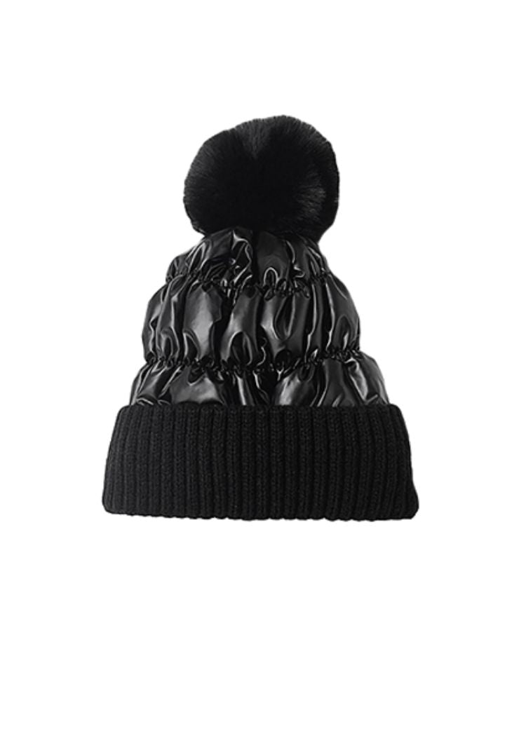 Chloe Metallic Fur Beanie- Black-Hand In Pocket