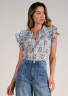 Elan Kathleen Top - Blue Ikat Print-Hand In Pocket