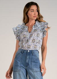 Elan Kathleen Top - Blue Ikat Print-Hand In Pocket