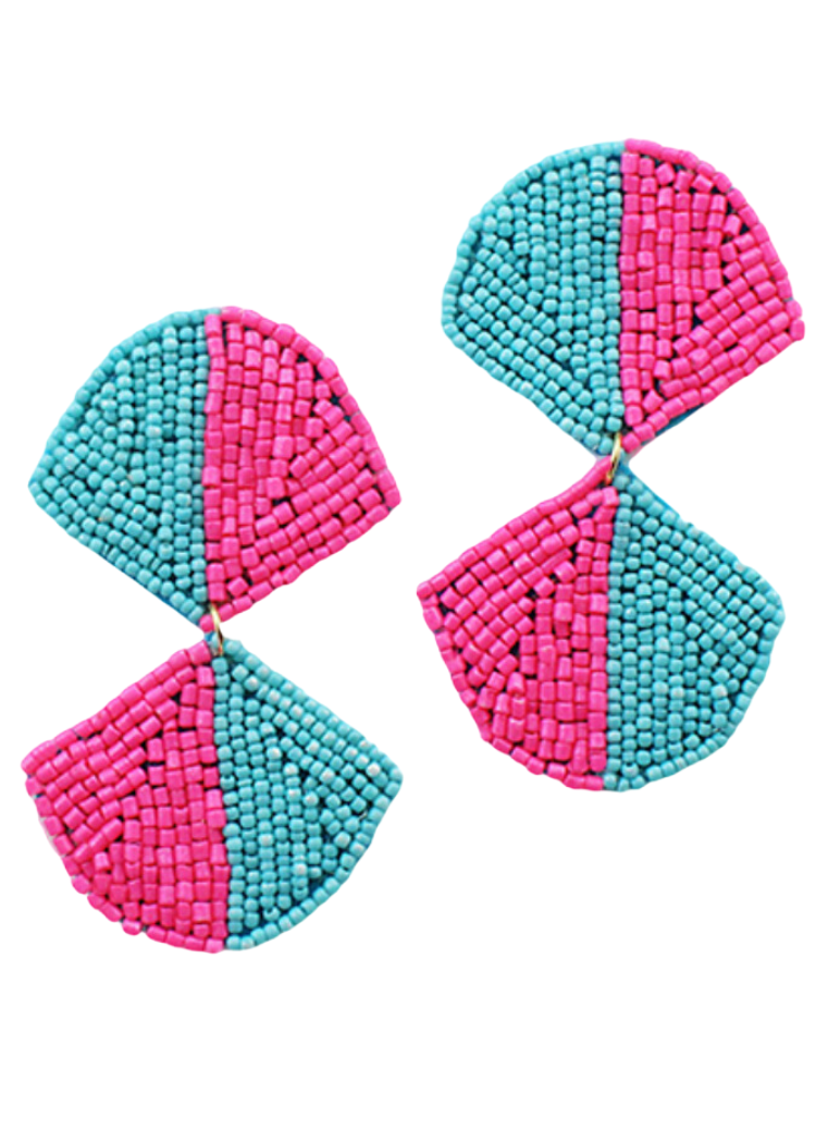 Ada Beaded Fan Earrings-Aqua/Fuchsia ***FINAL SALE***-Hand In Pocket