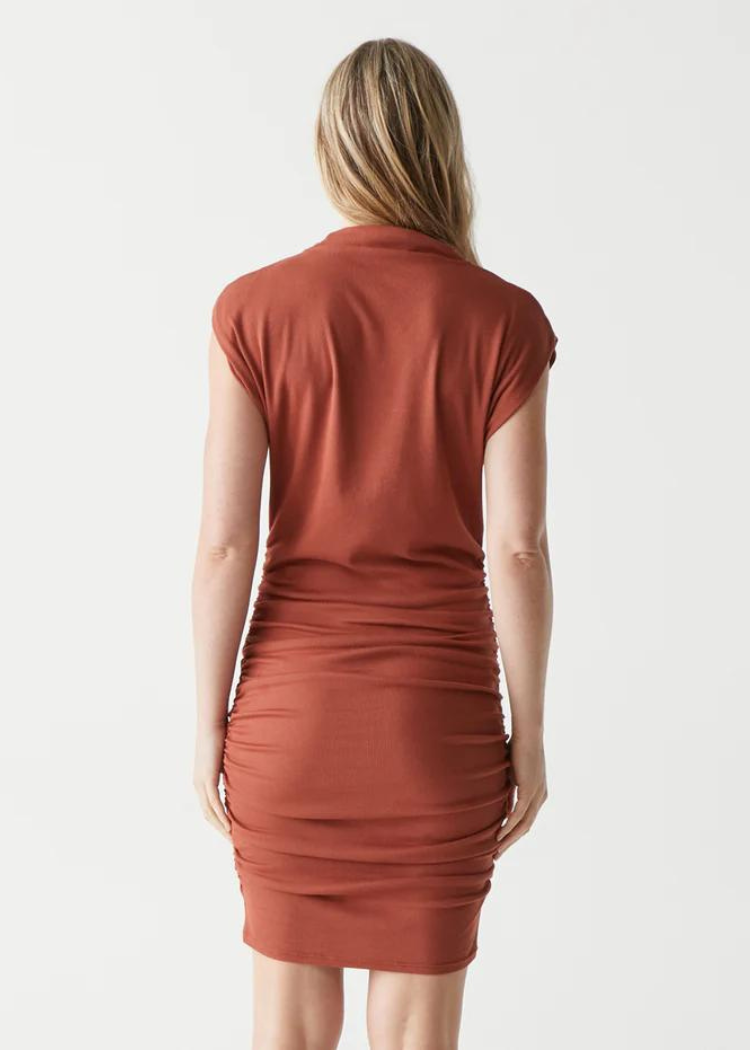 Gia Mock Neck Power Shoulder Dress - Pecan-Hand In Pocket