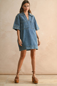 Brentwood V Neck Denim Tunic/Mini Dress-Hand In Pocket