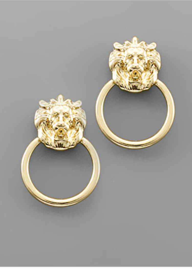 Lion Door Knocker Earrings-Hand In Pocket