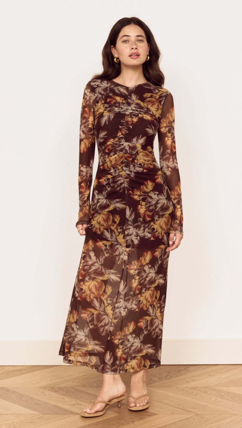 MINKPINK Tahlia Mesh Midi Dress - Brown Vintage Floral-Hand In Pocket