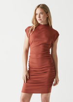 Gia Mock Neck Power Shoulder Dress - Pecan-Hand In Pocket