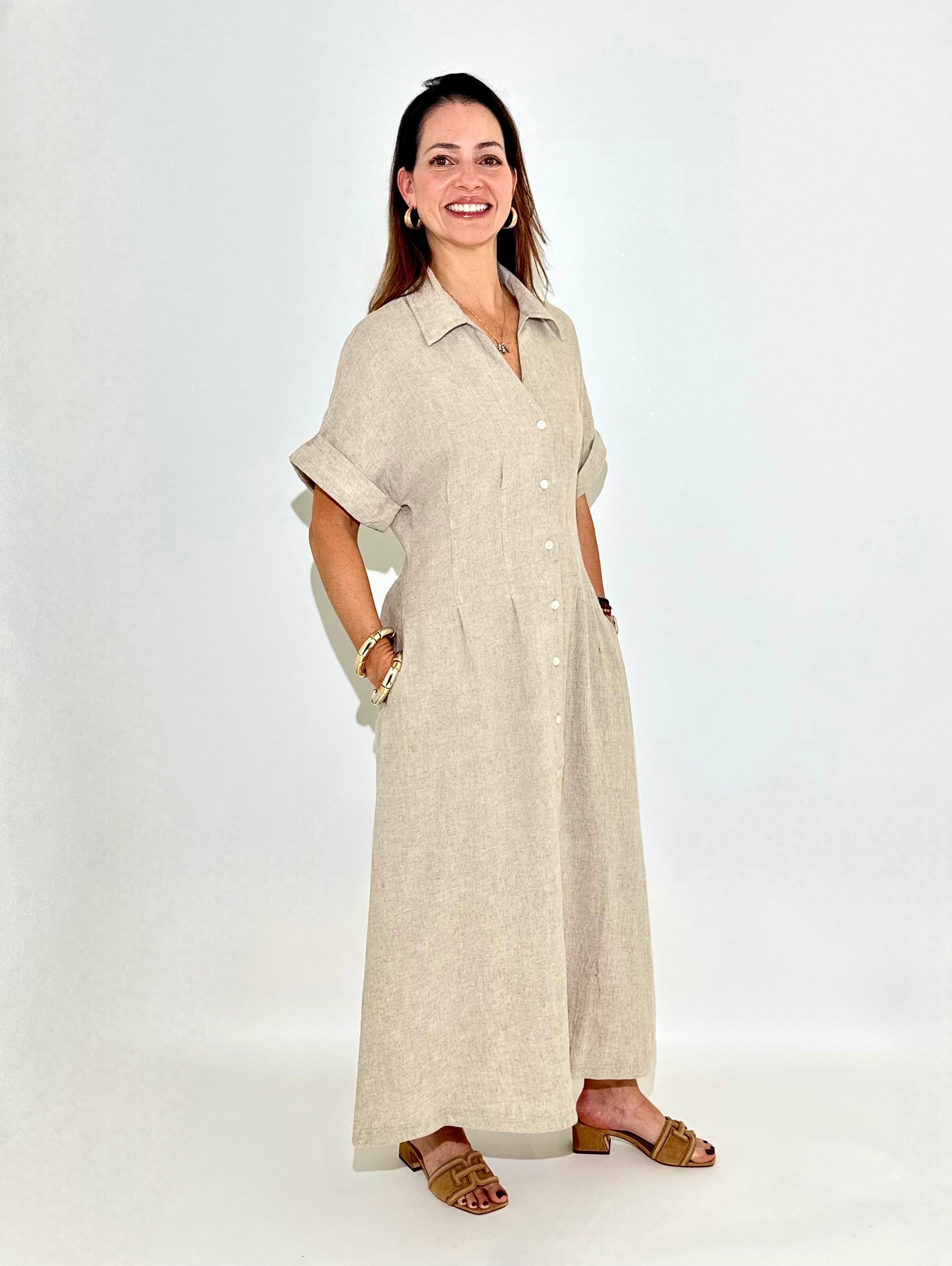THML Ariel Button Down Midi Dress - Beige-Hand In Pocket