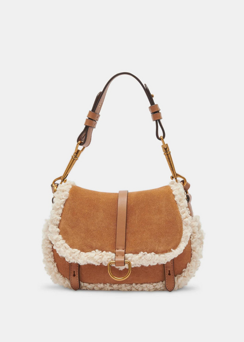 Dolce Vita Rylee Convertible Shearling Crossbody- Rust-Hand In Pocket