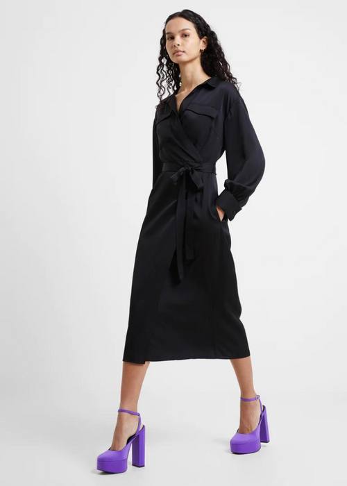 French Connection Harlow Satin Wrap Dress-Black-Hand In Pocket