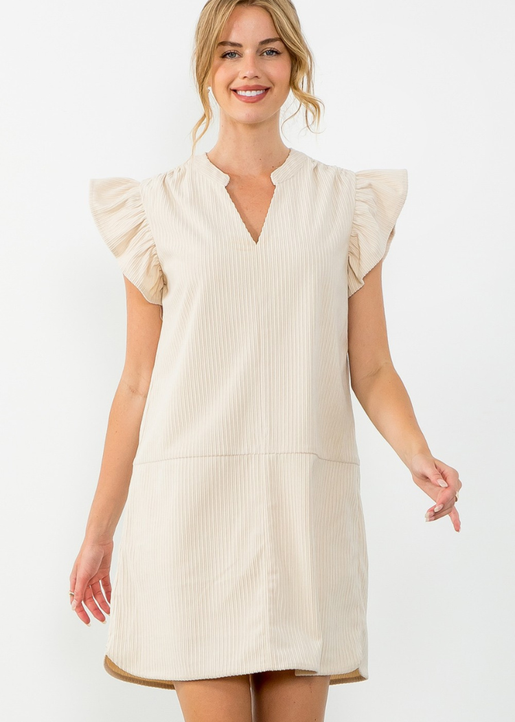Zara Flutter Sleeve Corduroy Dress-Hand In Pocket