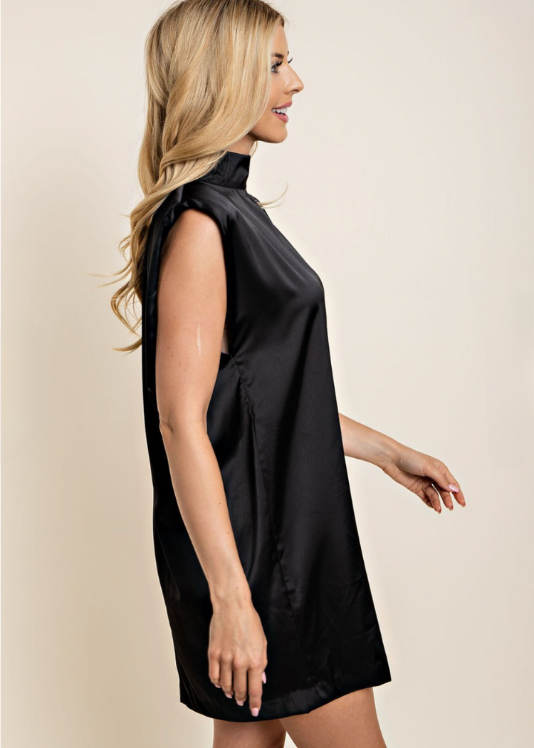 Lima Mock Neck Satin Dress - Black-Hand In Pocket