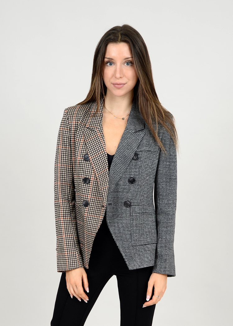 Jeanne Mixed Media Double Breasted Blazer - Tan-Hand In Pocket