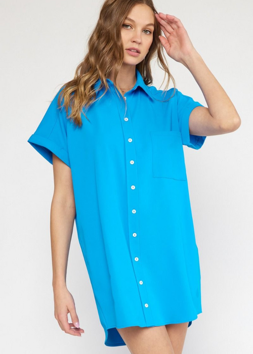 Colleen Button Down Shirt Dress-Cobalt-Hand In Pocket