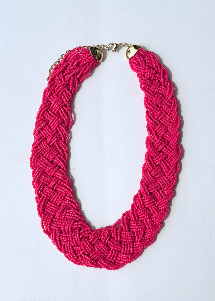 Grenada Braided Bead Necklace-Fuchsia-Hand In Pocket