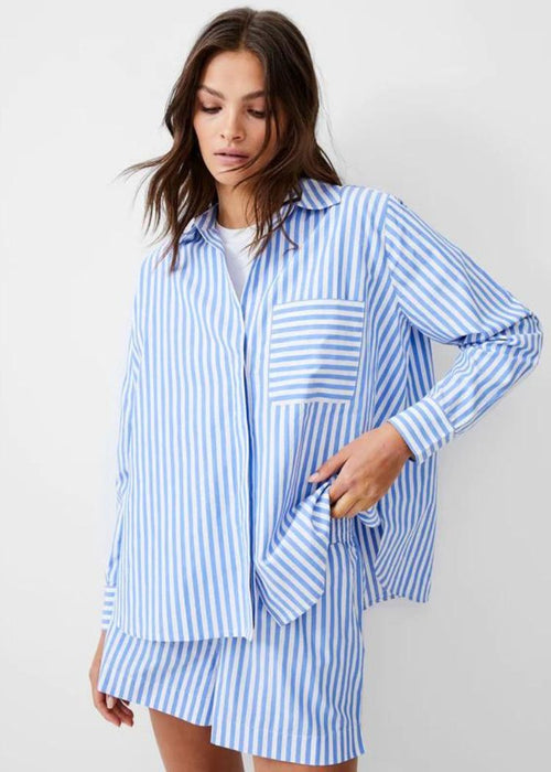 French Connection Thick Stripe Relaxed Popover Shirt-Blue Linen White-Hand In Pocket