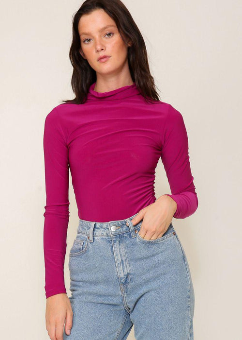 High Neck Knit Top with Side Ruched Detail- Magenta-Hand In Pocket