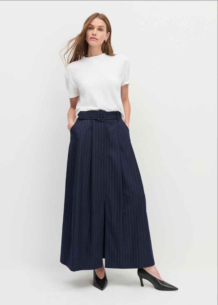 Favorite Daughter The Gabby Skirt- Navy Pinstripe-Hand In Pocket