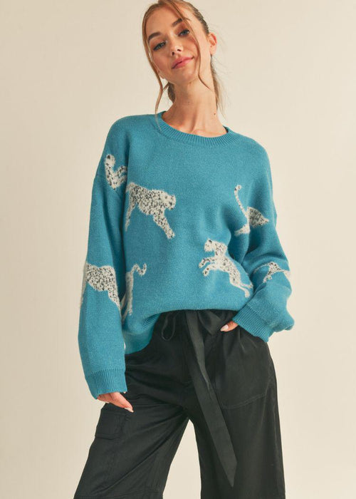 Amari Leopard Knit Sweater- Teal ***FINAL SALE***-Hand In Pocket