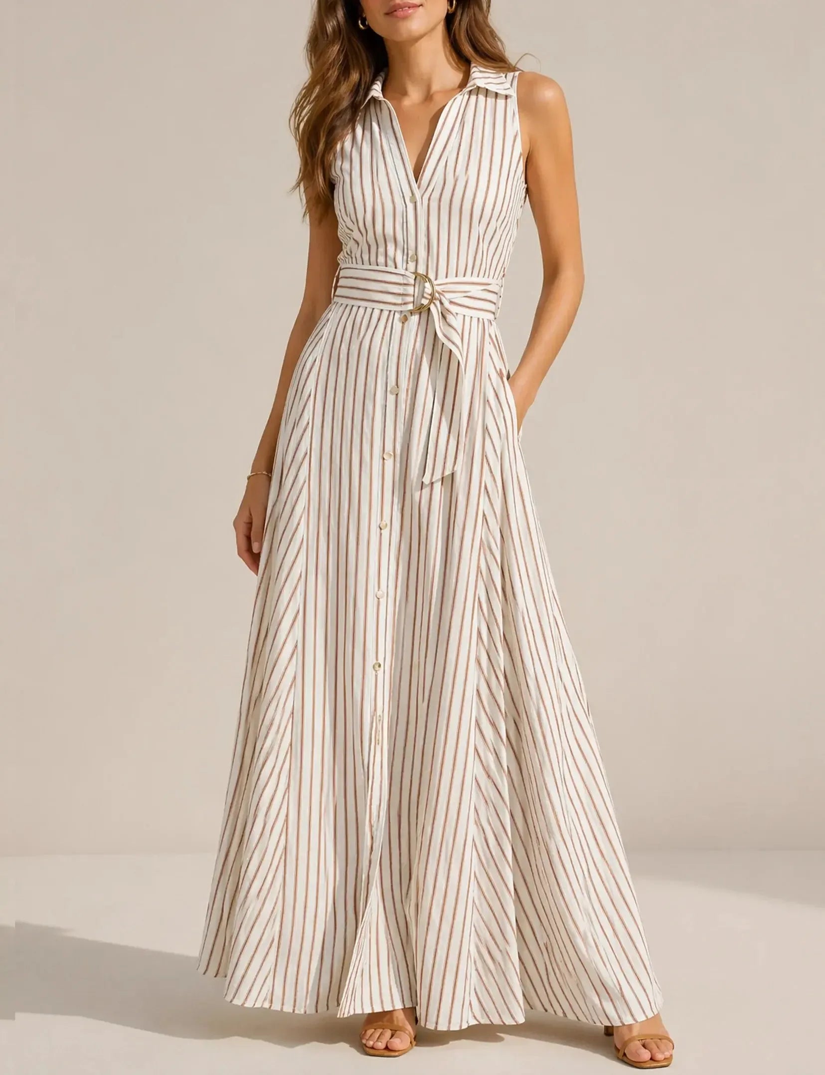 Bishop + Young Verona Button Front Dress - Brown Stripe-Hand In Pocket
