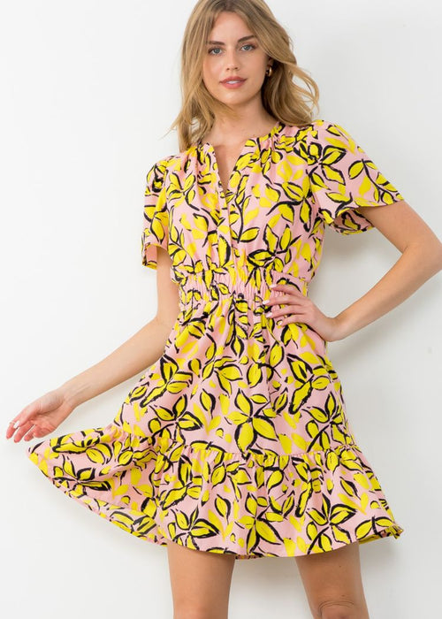 THML Leah Smocked Print Dress-Hand In Pocket