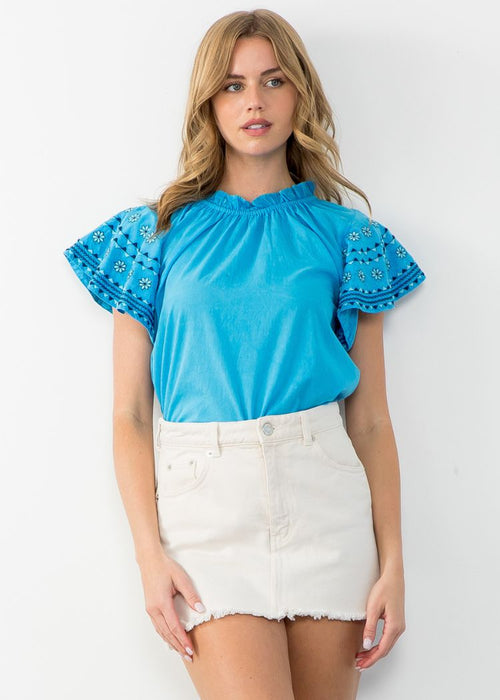 THML Darcy Embroidered Flutter Sleeve Top-Hand In Pocket