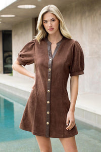 THML Dawn Puff Sleeve Dress- Brown