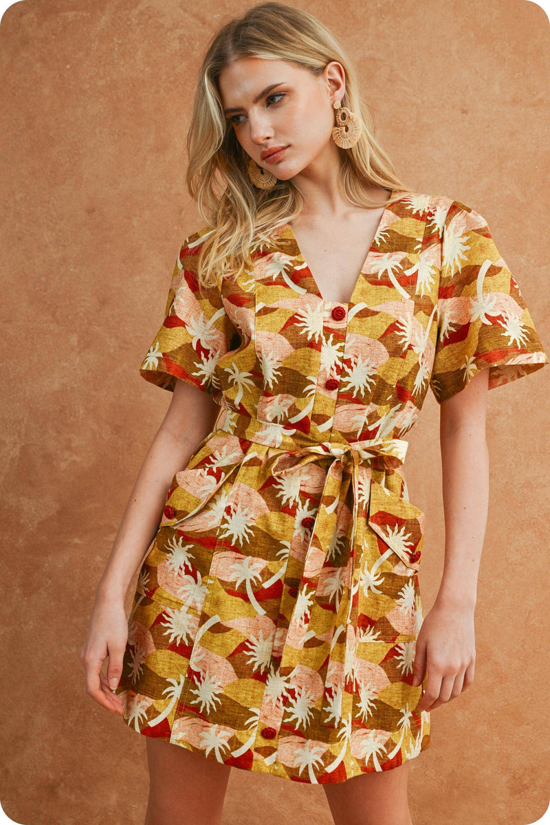 Sunburst Belted Mini Dress - Multi-Hand In Pocket
