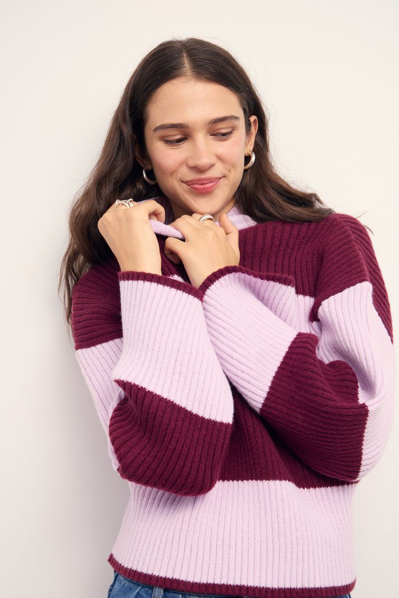 MINKPINK Freja Stripe Chunky Knit Jumper - Violet/Wine-Hand In Pocket