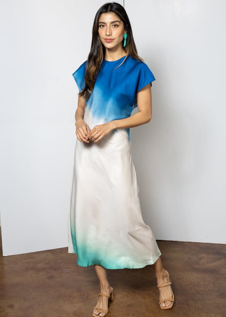 Isla Short Sleeve Ombre Dress-Blue-Hand In Pocket