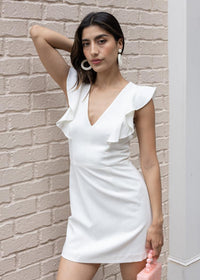 French Connection Whisper Ruffle V Neck Dress-Hand In Pocket