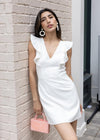 French Connection Whisper Ruffle V Neck Dress-Hand In Pocket
