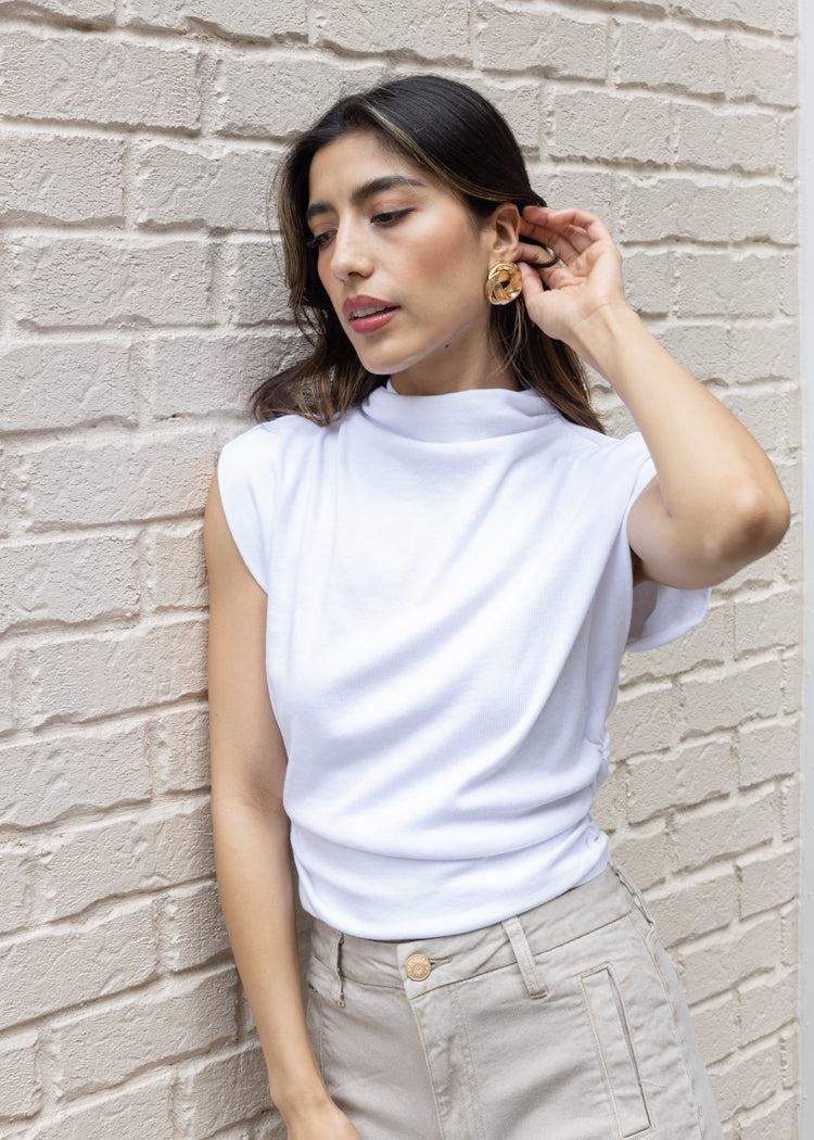 Amara Crop Tee-White-Hand In Pocket