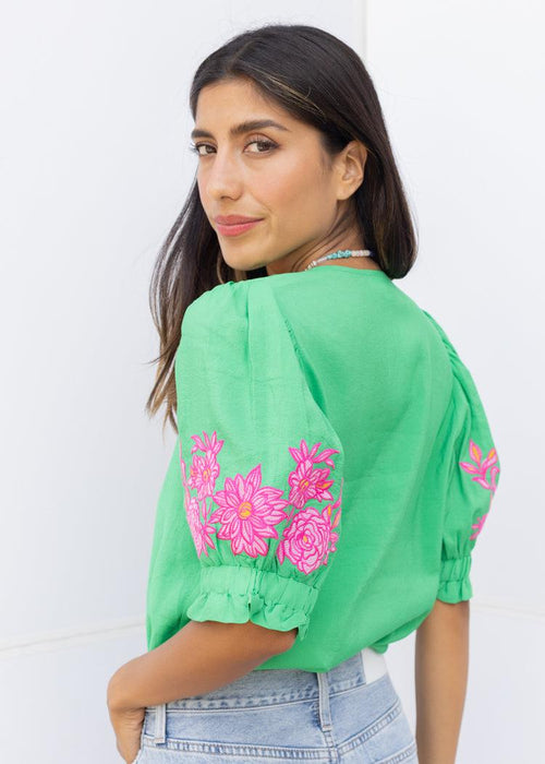 THML Cassandra Smocked Embroidered Top - Green-Hand In Pocket