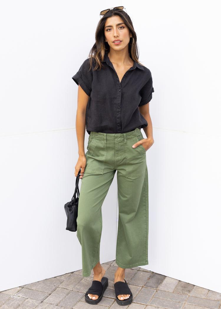 Pistola Sophia Wide Leg Denim Pant - Basil-Hand In Pocket