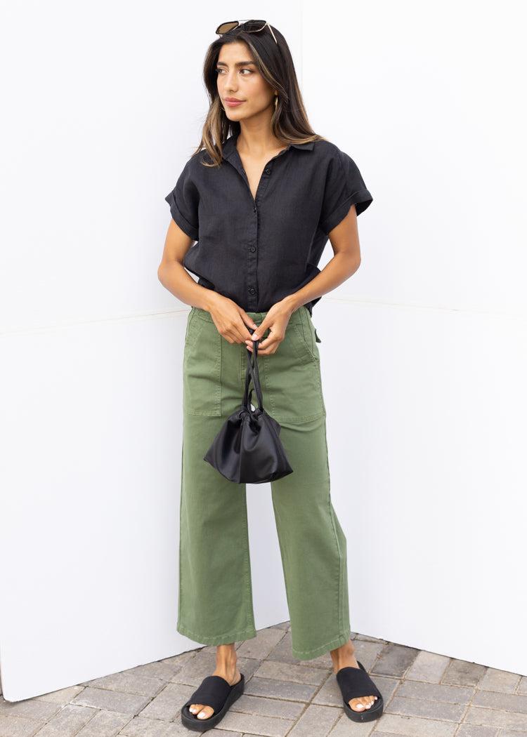 Pistola Sophia Wide Leg Denim Pant - Basil-Hand In Pocket