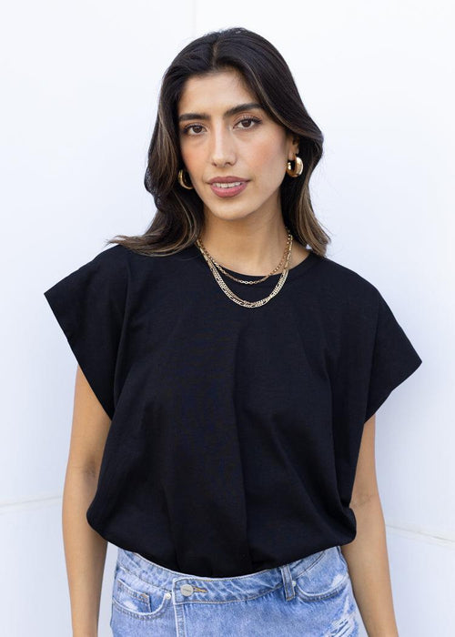 Acey Power Shoulder Tee- Black-Hand In Pocket