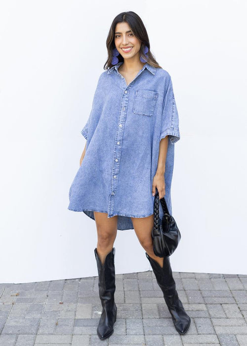 Elan Nellie Denim Shirt Dress-Hand In Pocket