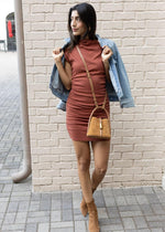 Gia Mock Neck Power Shoulder Dress - Pecan-Hand In Pocket