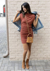 Gia Mock Neck Power Shoulder Dress - Pecan-Hand In Pocket