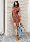 Gia Mock Neck Power Shoulder Dress - Pecan-Hand In Pocket