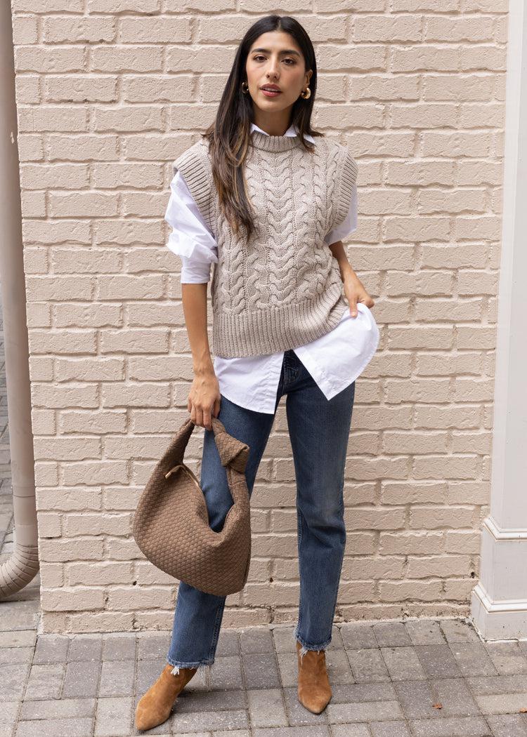 Jesabelle Cable Vest - Sanded Stone Melange-Hand In Pocket