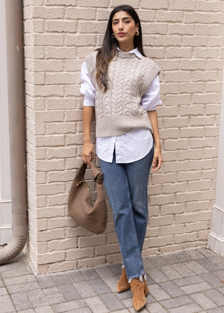 Jesabelle Cable Vest - Sanded Stone Melange-Hand In Pocket