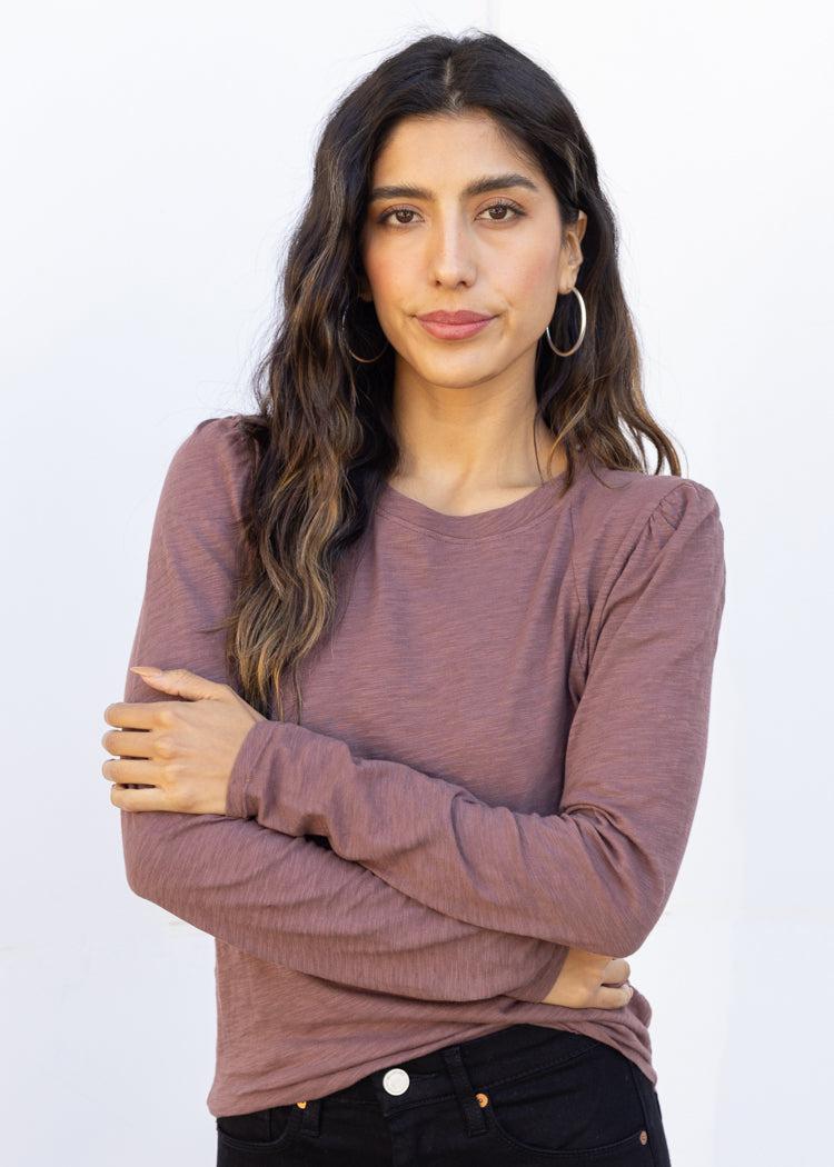 Bobi Shirred Crewneck Tee - Chicory-Hand In Pocket