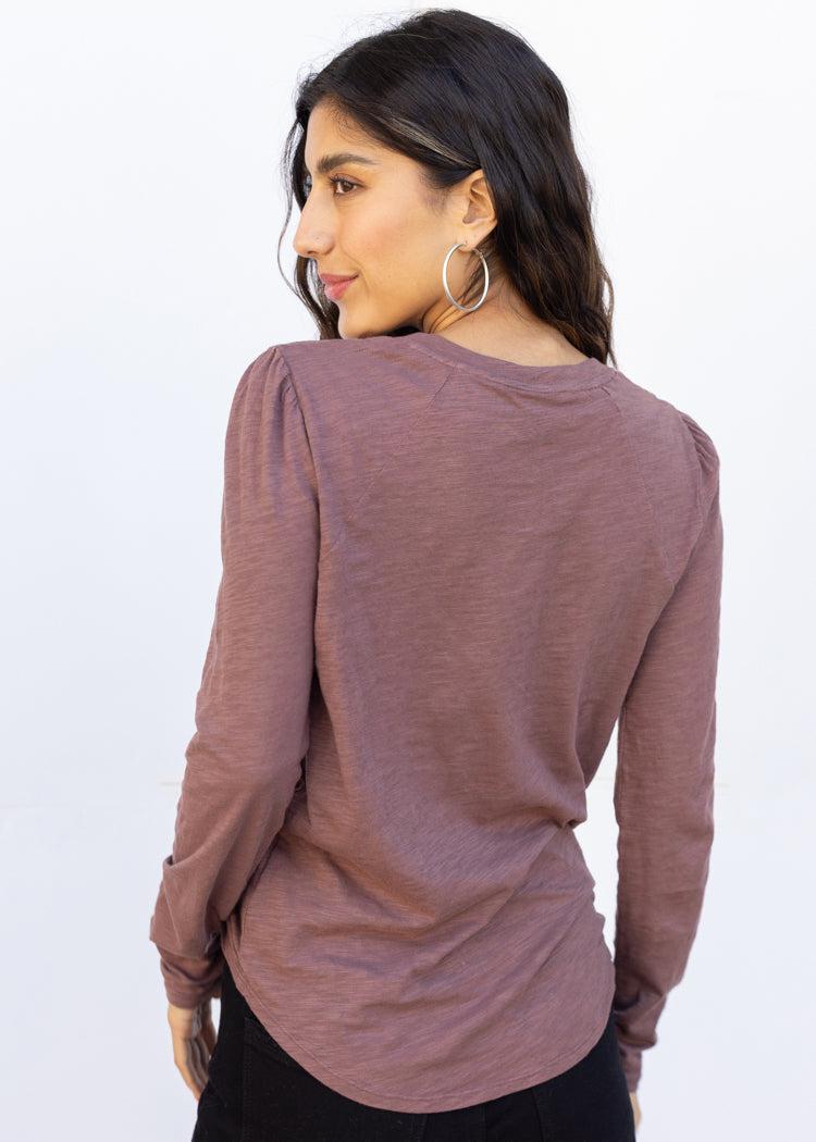 Bobi Shirred Crewneck Tee - Chicory-Hand In Pocket