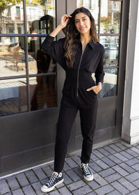 Bobi Smocked Waist Jumpsuit -Black-Hand In Pocket