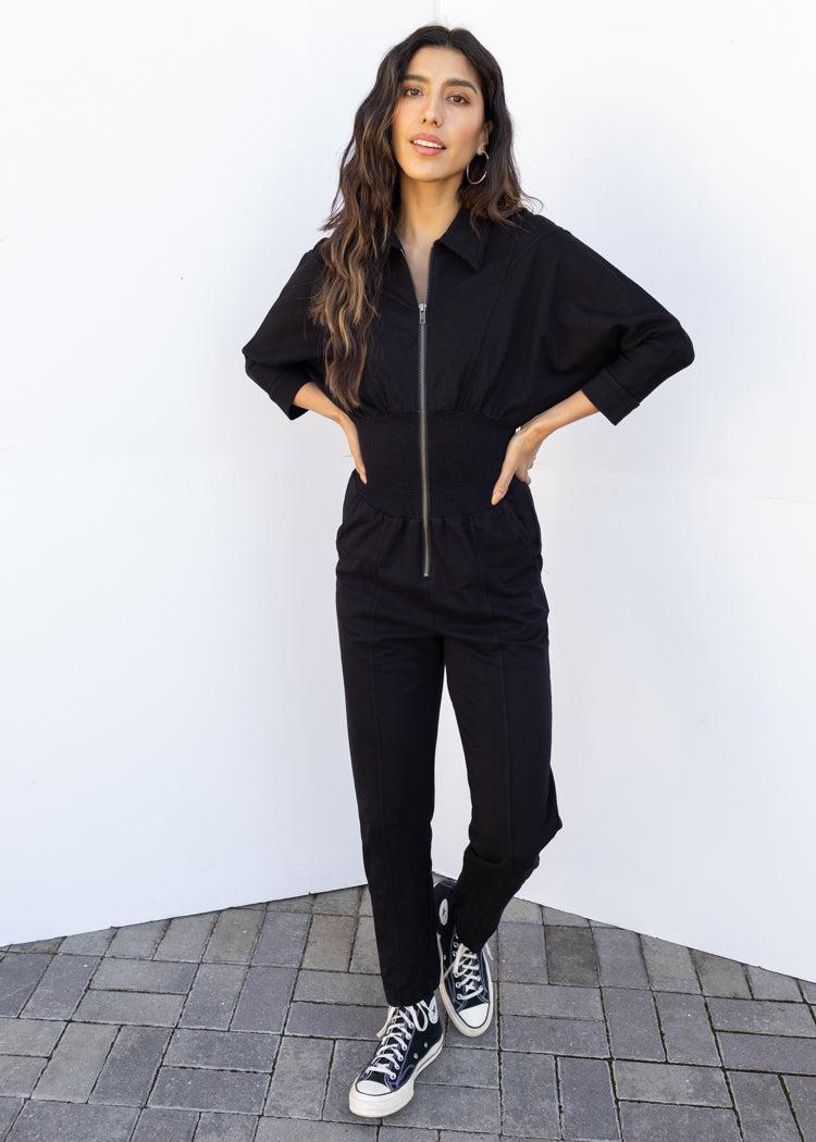Bobi Smocked Waist Jumpsuit -Black-Hand In Pocket