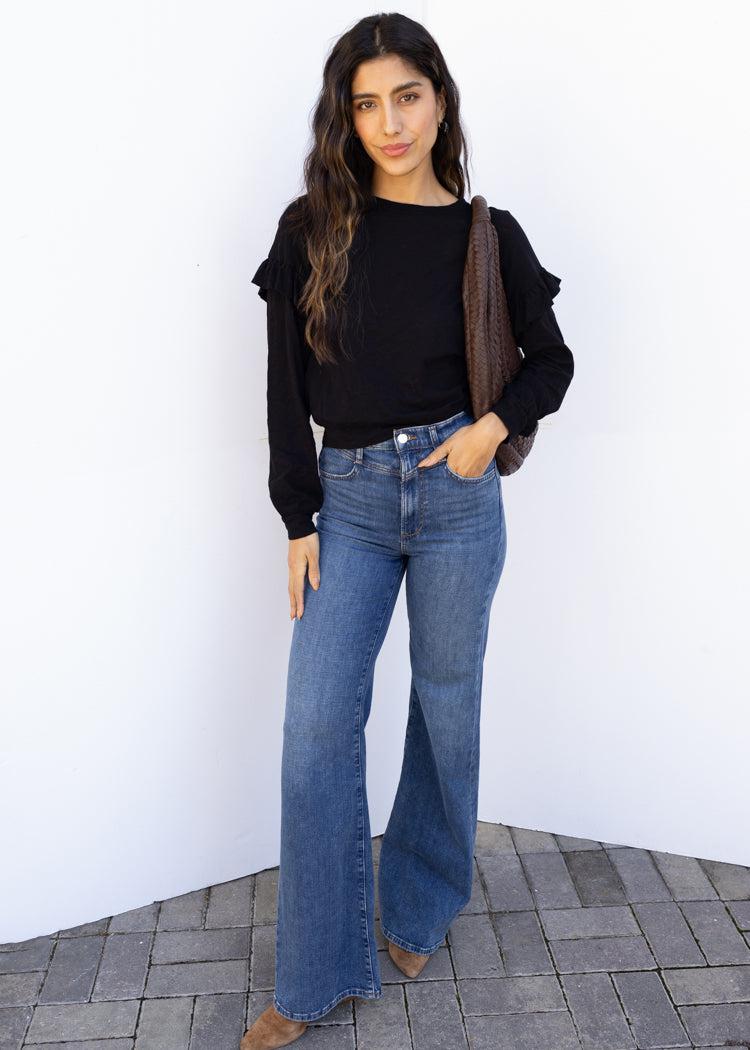 Bobi Ruffle Sleeved Crew Neck Top - Black-Hand In Pocket