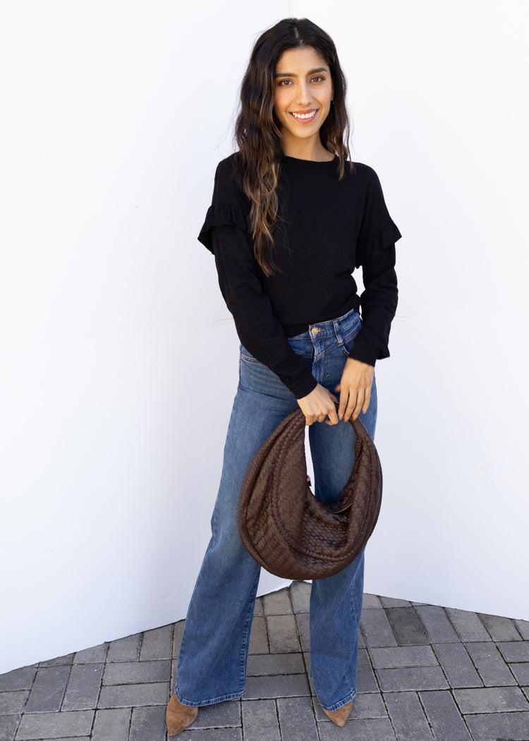 Bobi Ruffle Sleeved Crew Neck Top - Black-Hand In Pocket