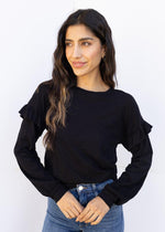 Bobi Ruffle Sleeved Crew Neck Top - Black-Hand In Pocket